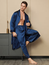 [Dark Blue] SilkSilky-CA Pure Silk Long Sleeve Lapel Men's Robe 008