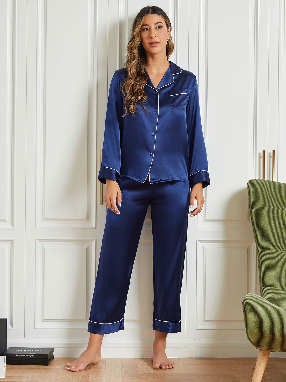 [Dark Blue] SilkSilky-CA Pure Silk Long Sleeve Lapel Women's Pajamas 001