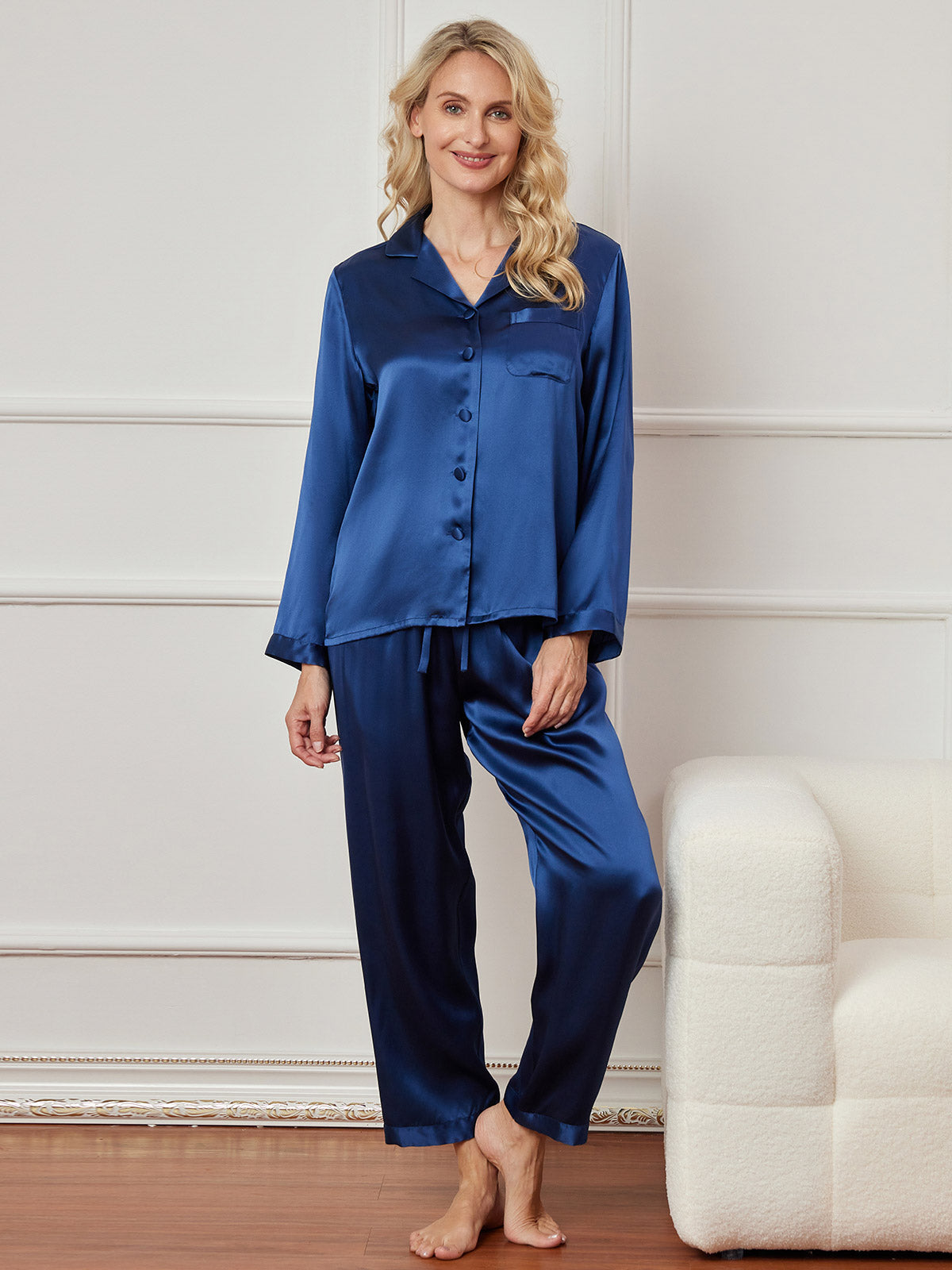 [Dark Blue] SilkSilky-CA Pure Silk Long Sleeve Lapel Women's Pajamas 001