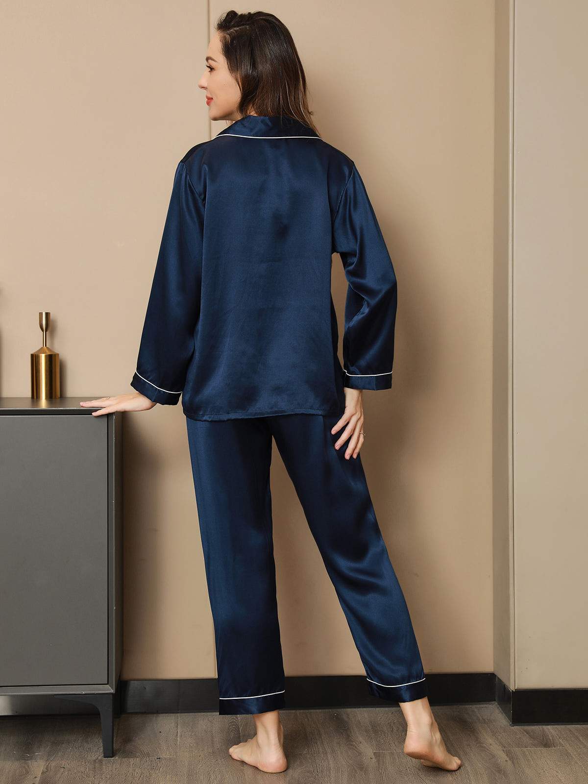 [Dark Blue] SilkSilky-CA Pure Silk Long Sleeve Lapel Women's Pajamas 002