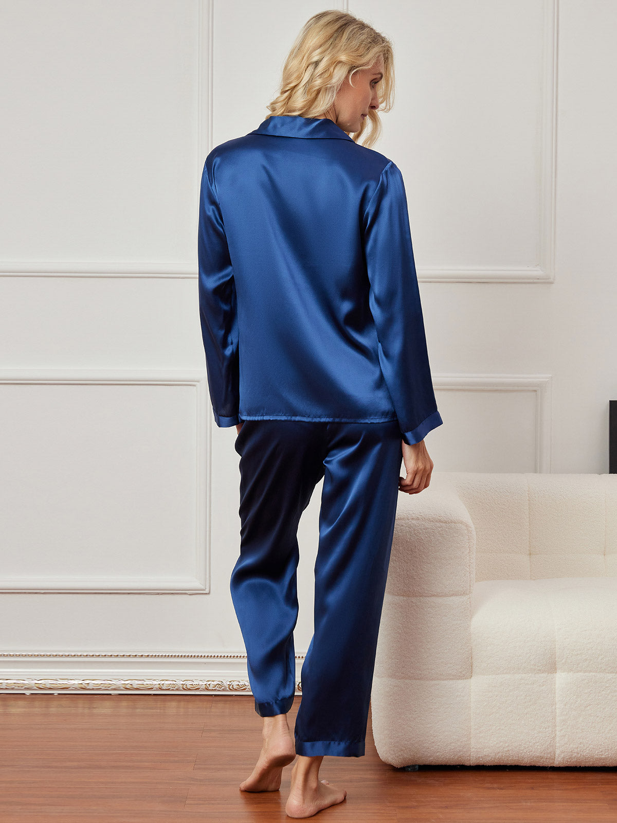 [Dark Blue] SilkSilky-CA Pure Silk Long Sleeve Lapel Women's Pajamas 002