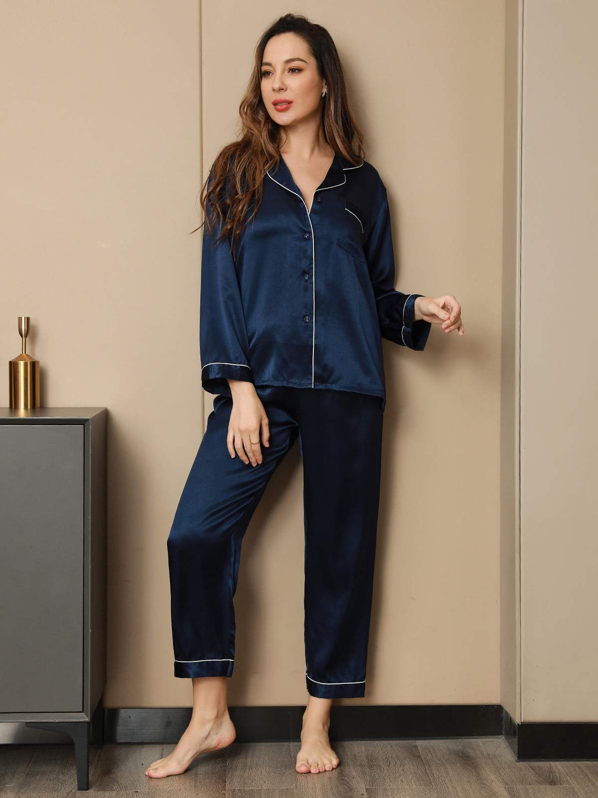 [Dark Blue] SilkSilky-CA Pure Silk Long Sleeve Lapel Women's Pajamas 005
