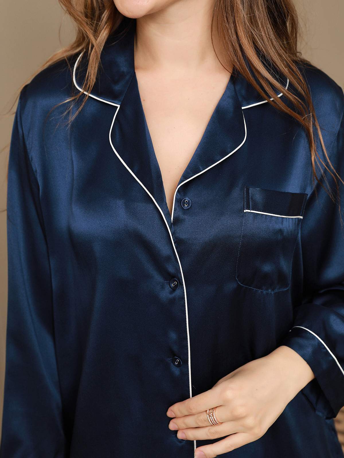 [Dark Blue] SilkSilky-CA Pure Silk Long Sleeve Lapel Women's Pajamas 008