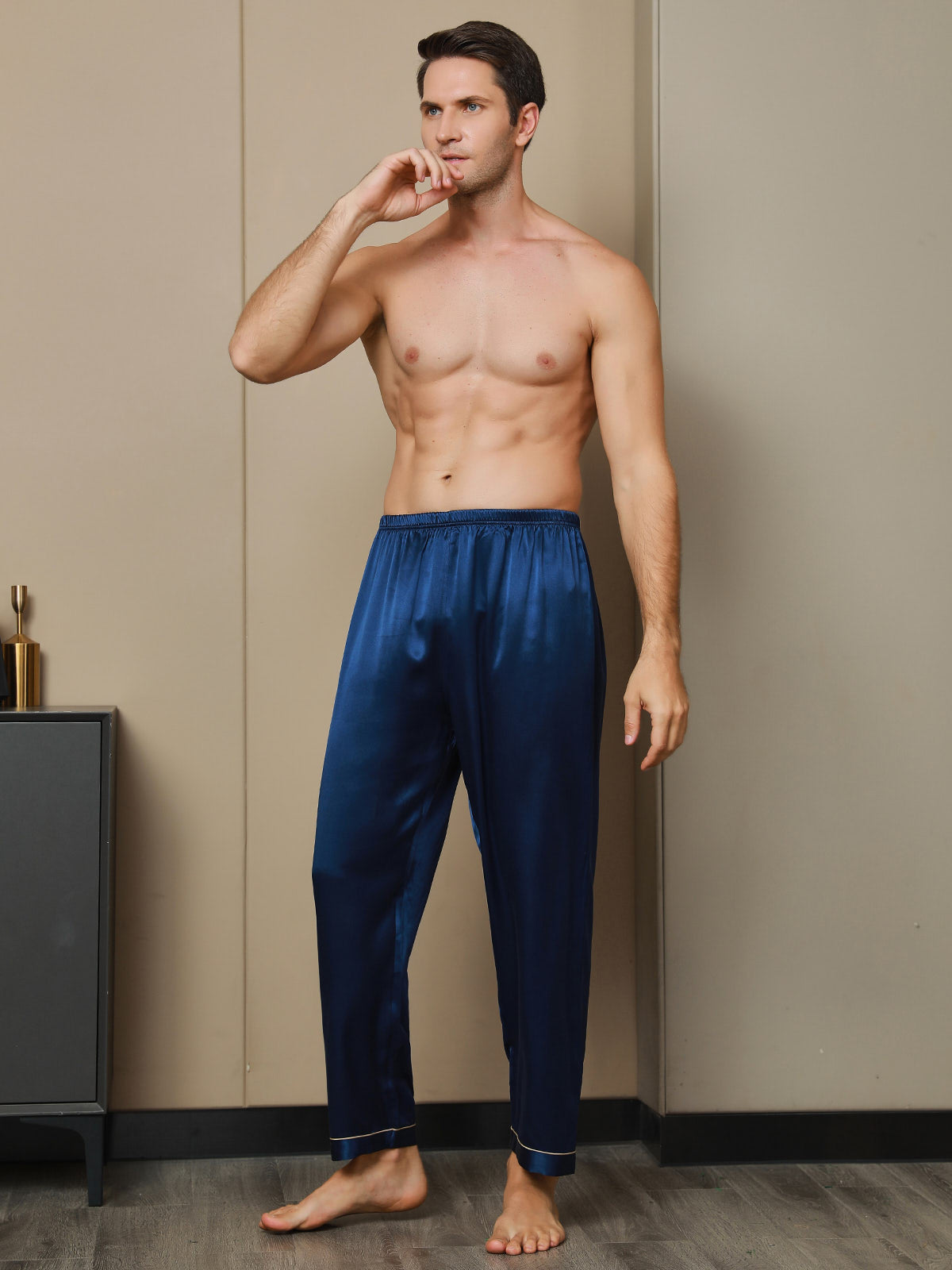 [Dark Blue] SilkSilky-CA Pure Silk Mens Sleep Bottoms 004