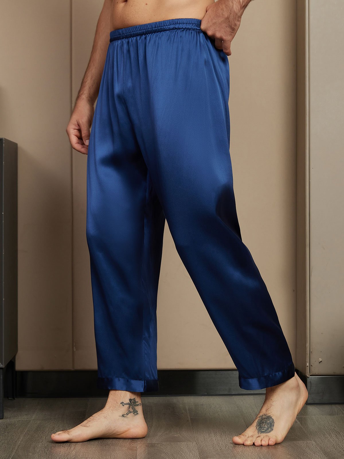 [Dark Blue] SilkSilky-CA Pure Silk Mens Sleep Bottoms 004