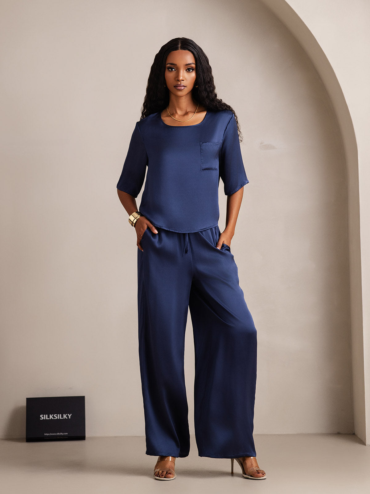 [Dark Blue] SilkSilky-CA Pure Silk Round Neck Women's Pajamas 001