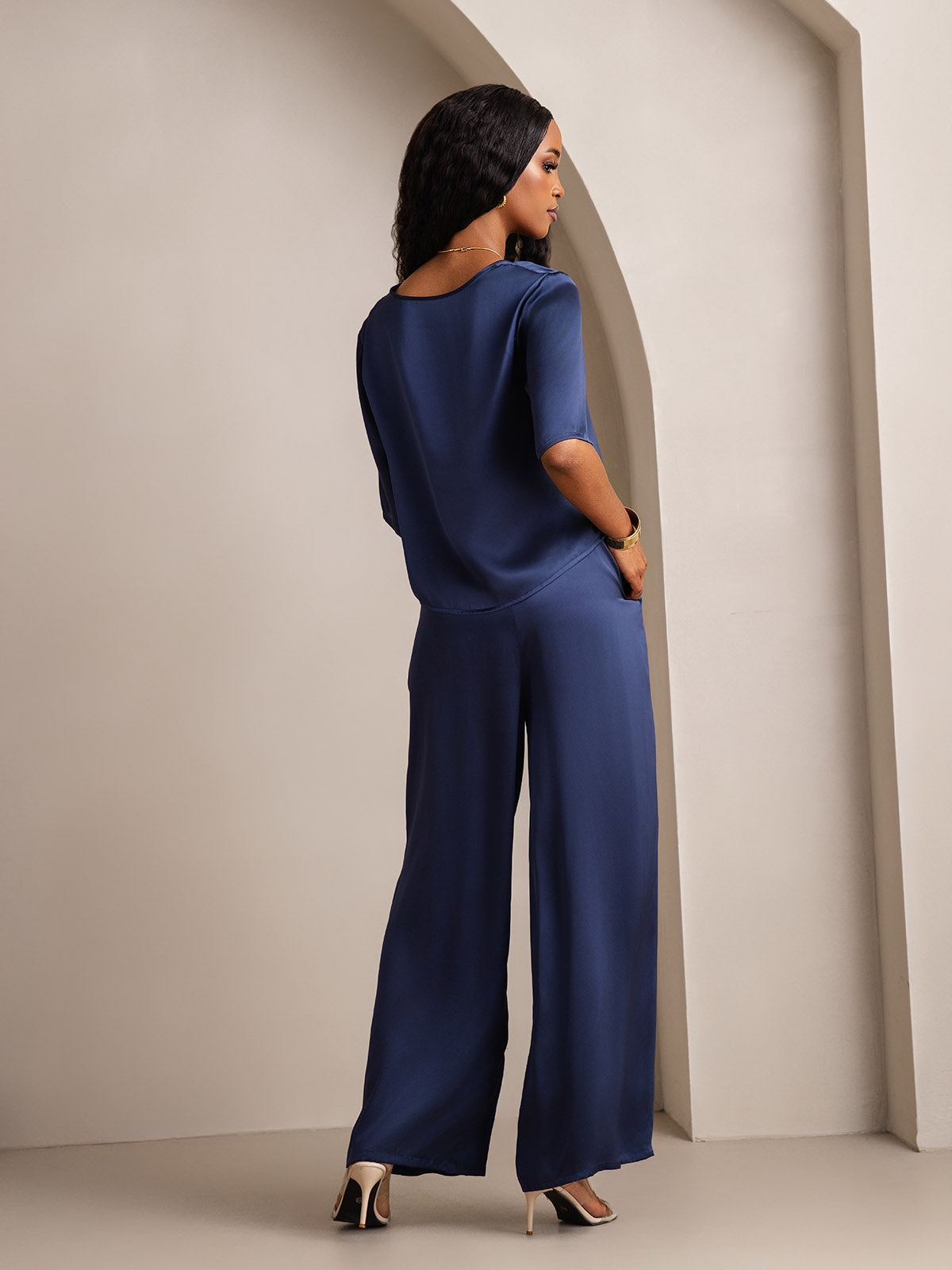 [Dark Blue] SilkSilky-CA Pure Silk Round Neck Women's Pajamas 002