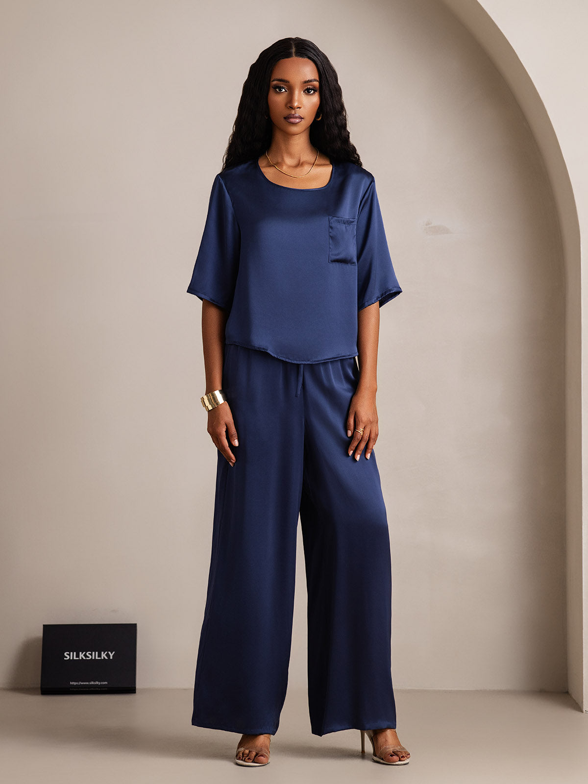 [Dark Blue] SilkSilky-CA Pure Silk Round Neck Women's Pajamas 005