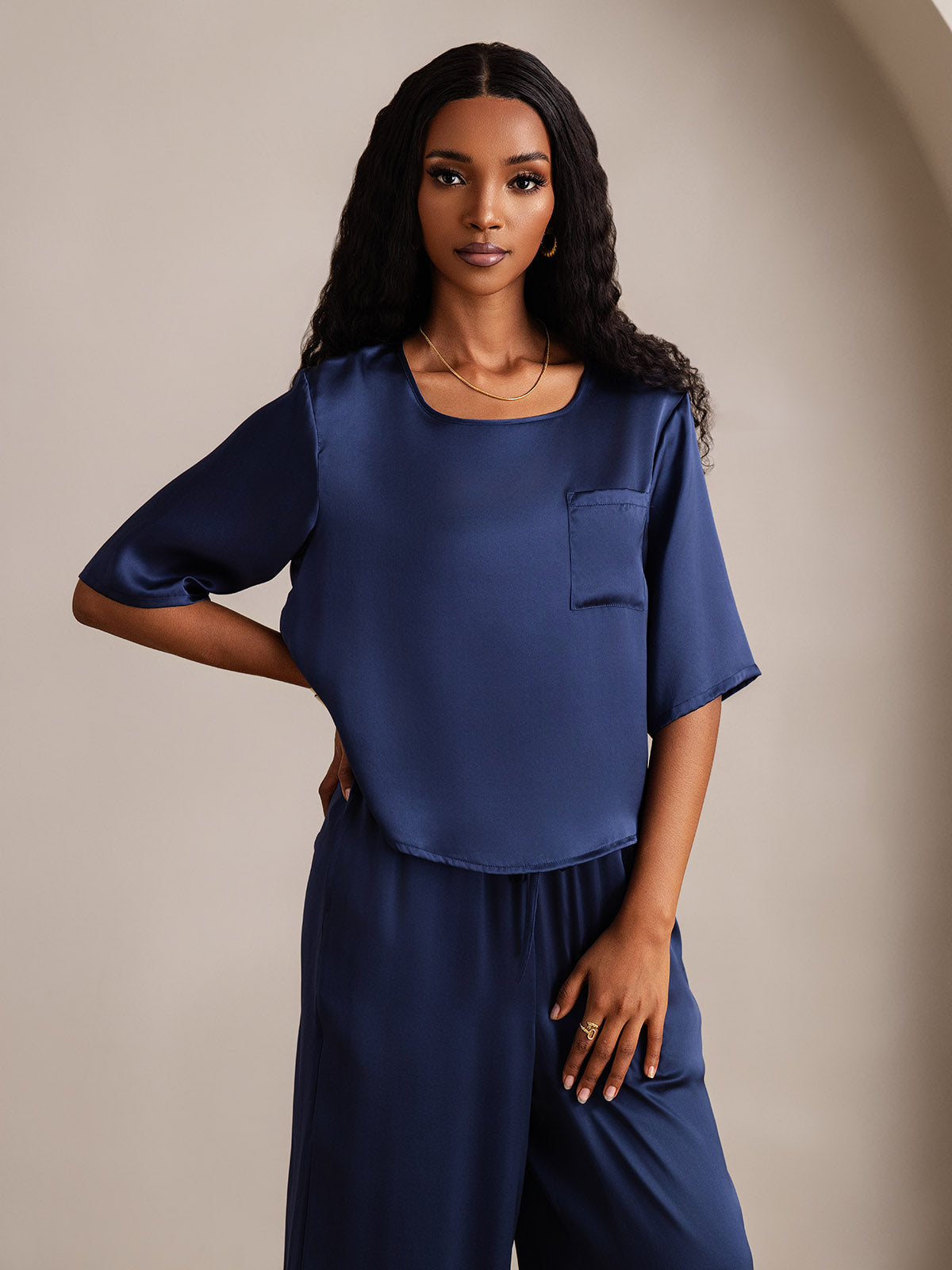 [Dark Blue] SilkSilky-CA Pure Silk Round Neck Women's Pajamas 007