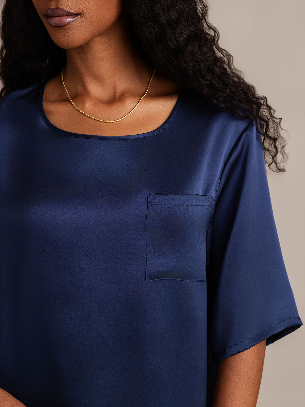 [Dark Blue] SilkSilky-CA Pure Silk Round Neck Women's Pajamas 008
