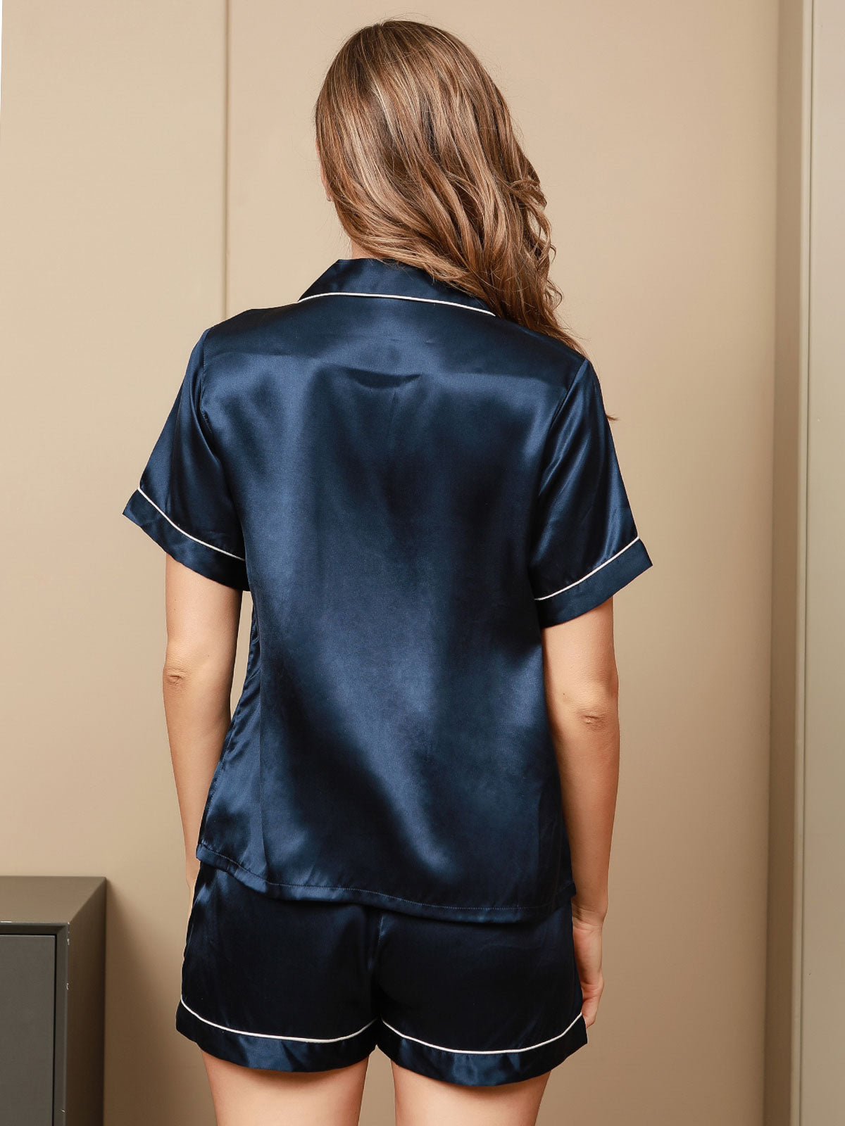[Dark Blue] SilkSilky-CA Pure Silk Short Sleeve Lapel Women's Pajamas 002