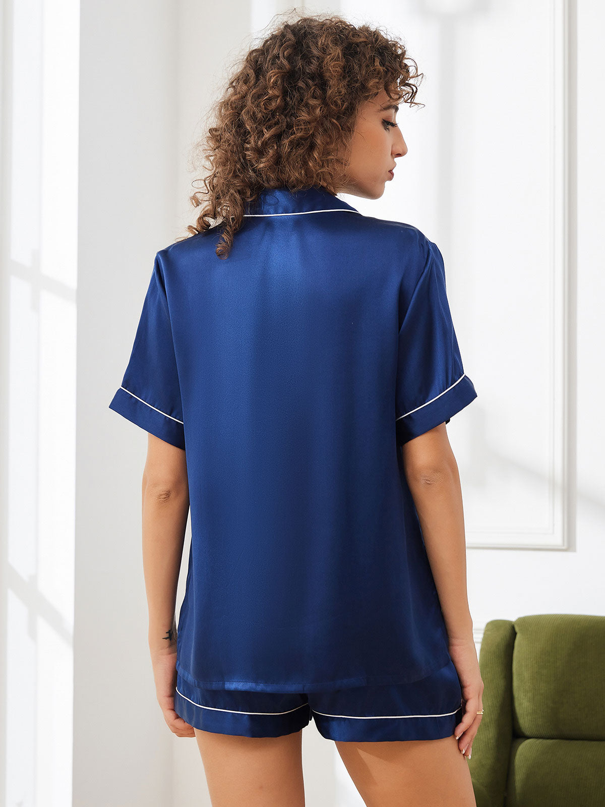 [Dark Blue] SilkSilky-CA Pure Silk Short Sleeve Lapel Women's Pajamas 002