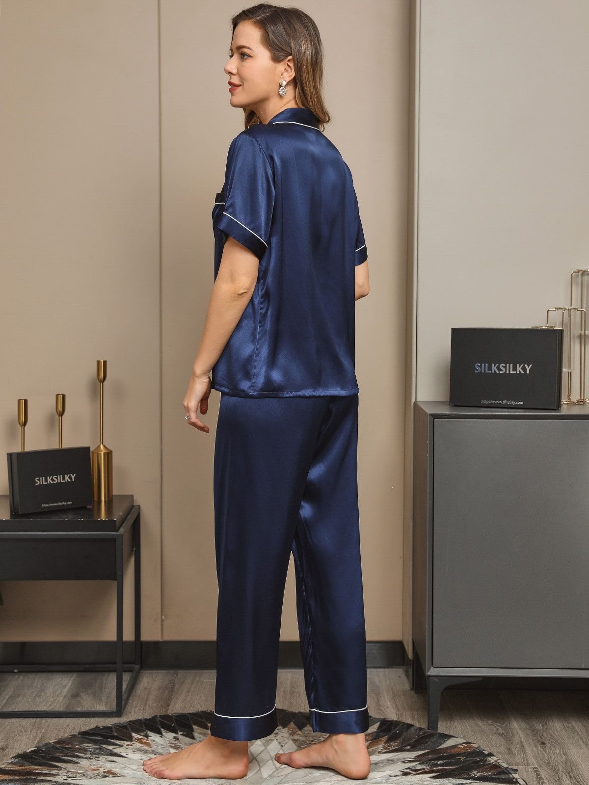 [Dark Blue] SilkSilky-CA Pure Silk Short Sleeve Lapel Women's Pajamas 002