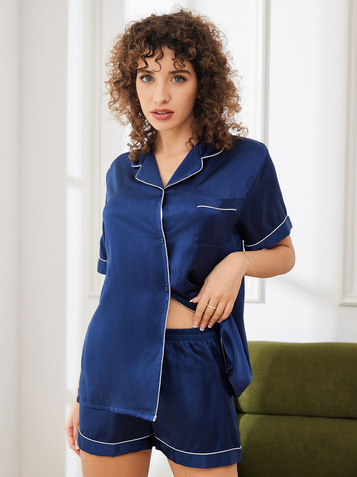[Dark Blue] SilkSilky-CA Pure Silk Short Sleeve Lapel Women's Pajamas 003