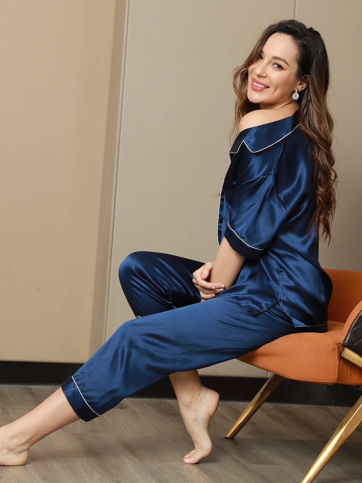 [Dark Blue] SilkSilky-CA Pure Silk Short Sleeve Lapel Women's Pajamas 003