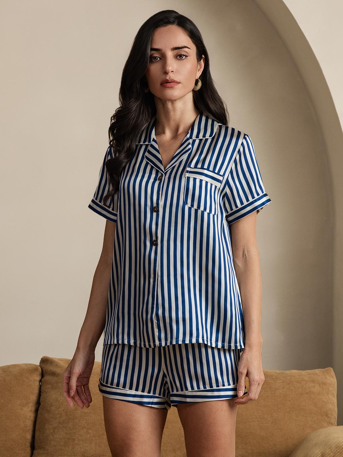 [Dark Blue] SilkSilky-CA Pure Silk Short Sleeve Lapel Women's Pajamas 003