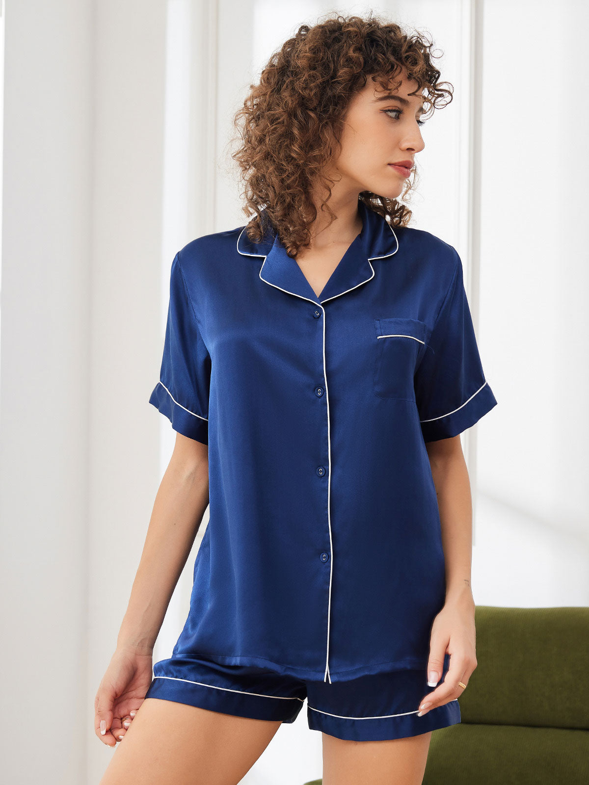 [Dark Blue] SilkSilky-CA Pure Silk Short Sleeve Lapel Women's Pajamas 004
