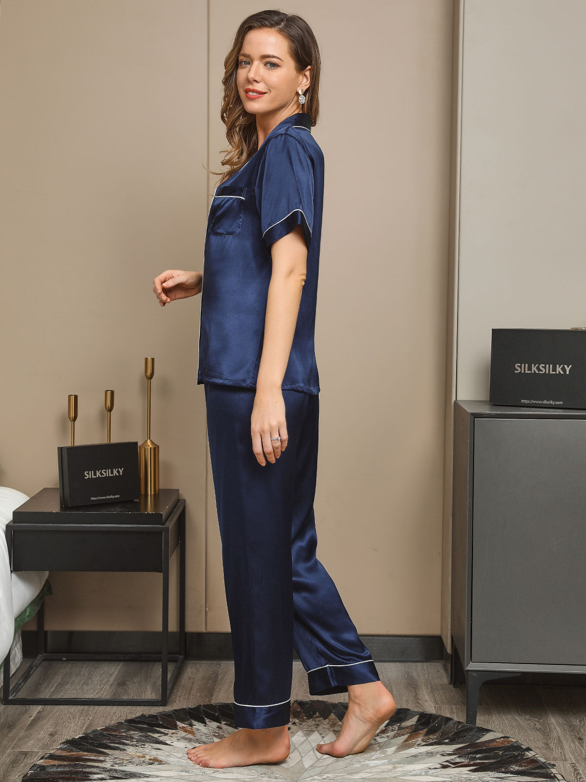 [Dark Blue] SilkSilky-CA Pure Silk Short Sleeve Lapel Women's Pajamas 004