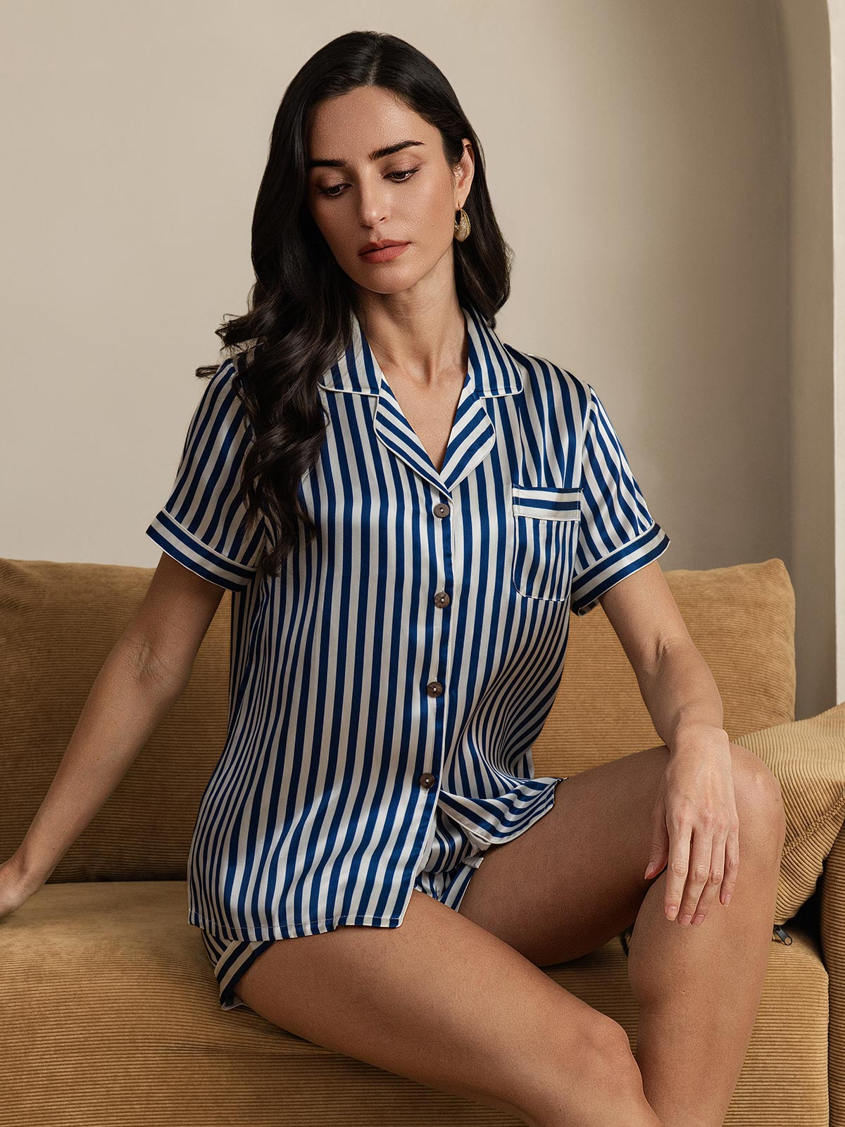 [Dark Blue] SilkSilky-CA Pure Silk Short Sleeve Lapel Women's Pajamas 004