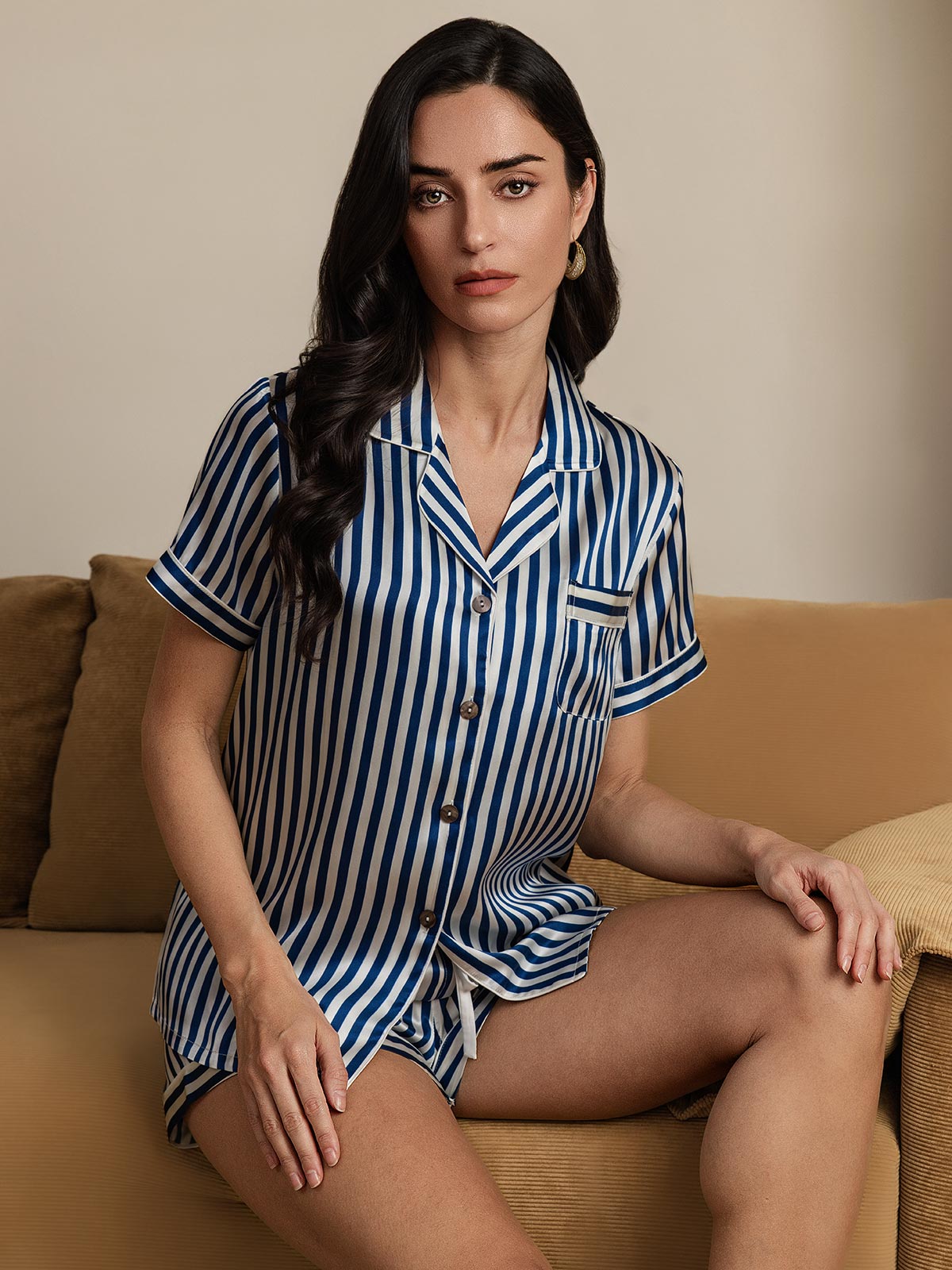 [Dark Blue] SilkSilky-CA Pure Silk Short Sleeve Lapel Women's Pajamas 005