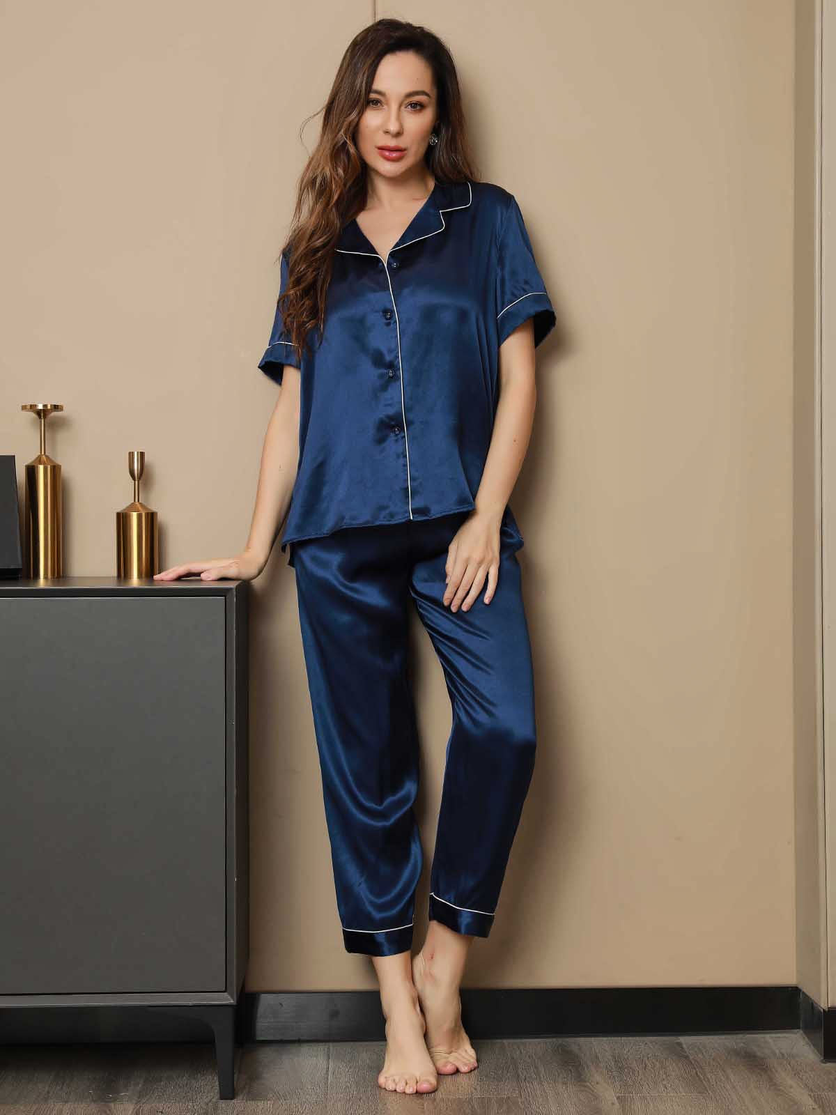 [Dark Blue] SilkSilky-CA Pure Silk Short Sleeve Lapel Women's Pajamas 006