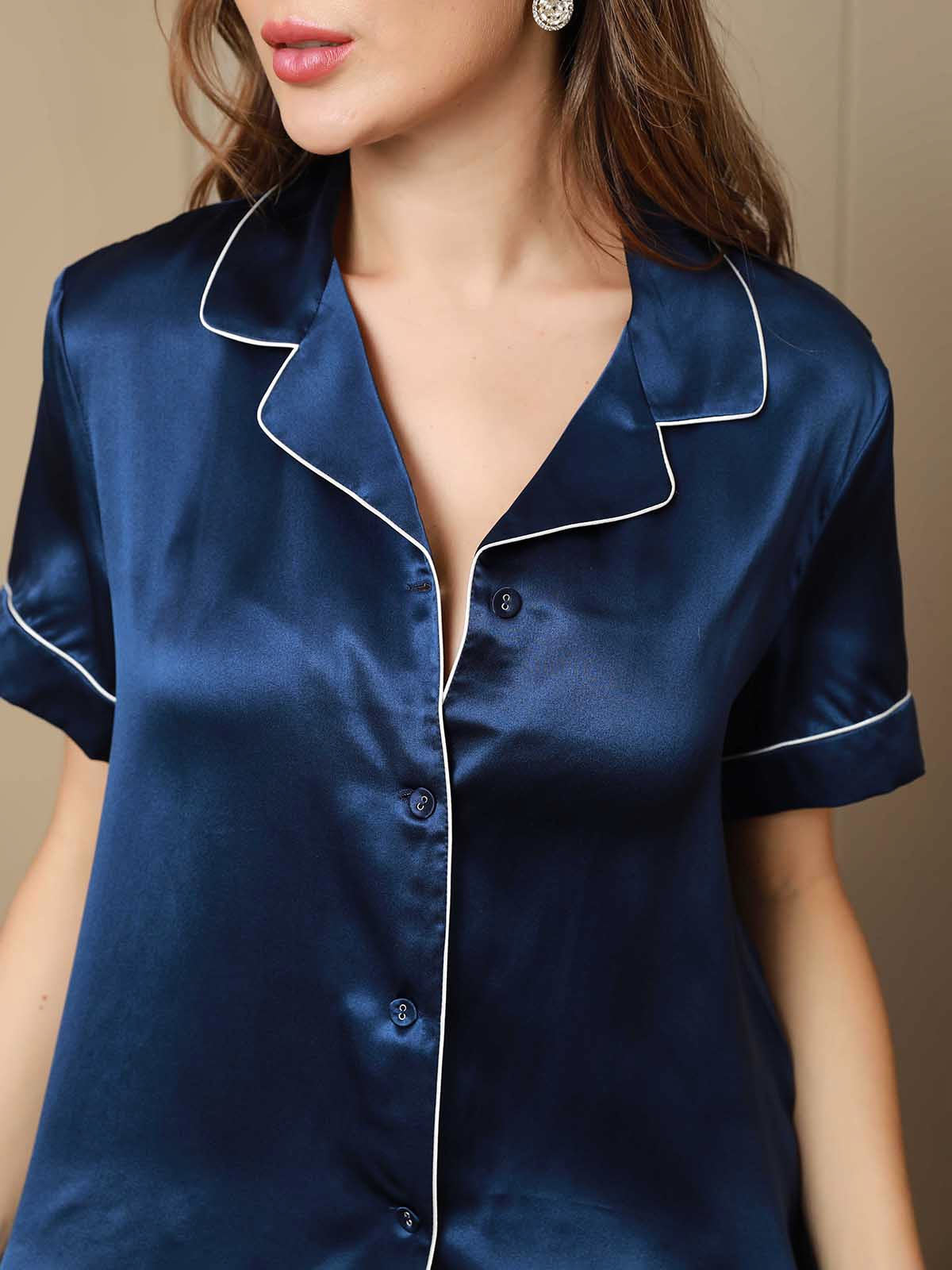 [Dark Blue] SilkSilky-CA Pure Silk Short Sleeve Lapel Women's Pajamas 007