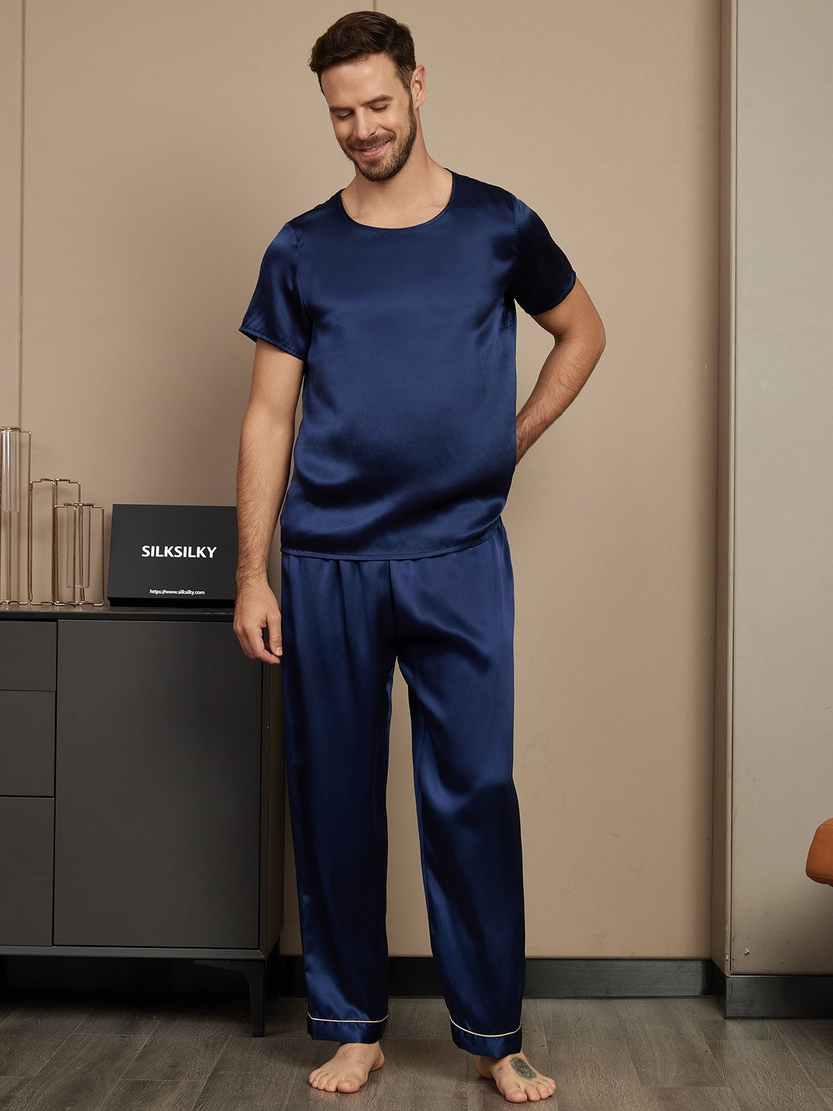 [Dark Blue] SilkSilky-CA Pure Silk Short Sleeve Round Neck Men's Pajamas 001