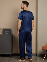 [Dark Blue] SilkSilky-CA Pure Silk Short Sleeve Round Neck Men's Pajamas 002