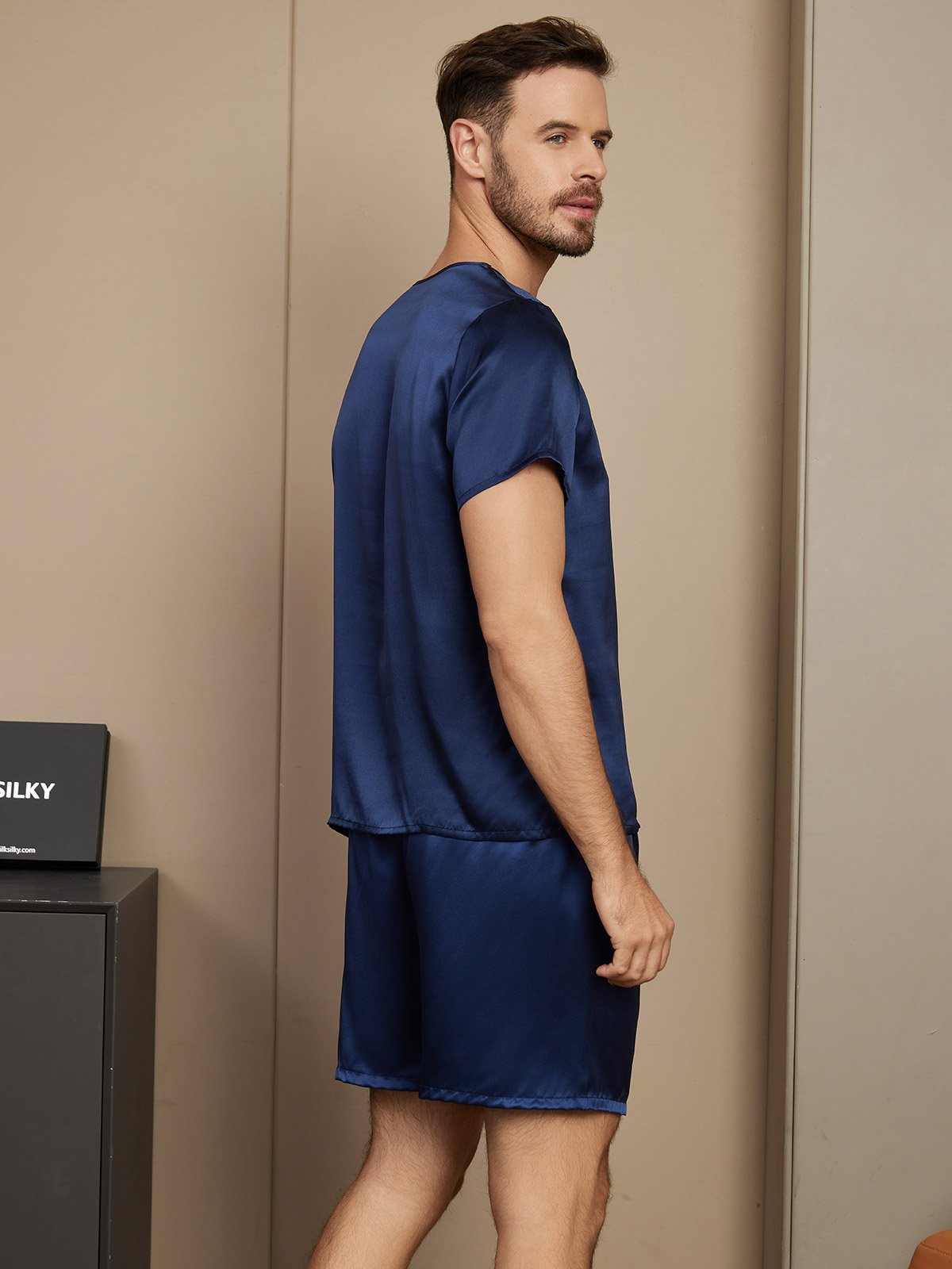 [Dark Blue] SilkSilky-CA Pure Silk Short Sleeve Round Neck Men's Pajamas 002