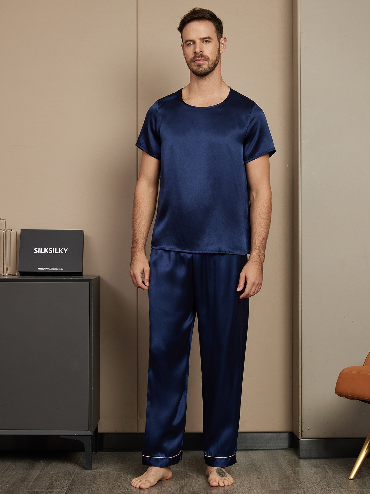 [Dark Blue] SilkSilky-CA Pure Silk Short Sleeve Round Neck Men's Pajamas 003