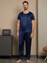 [Dark Blue] SilkSilky-CA Pure Silk Short Sleeve Round Neck Men's Pajamas 003