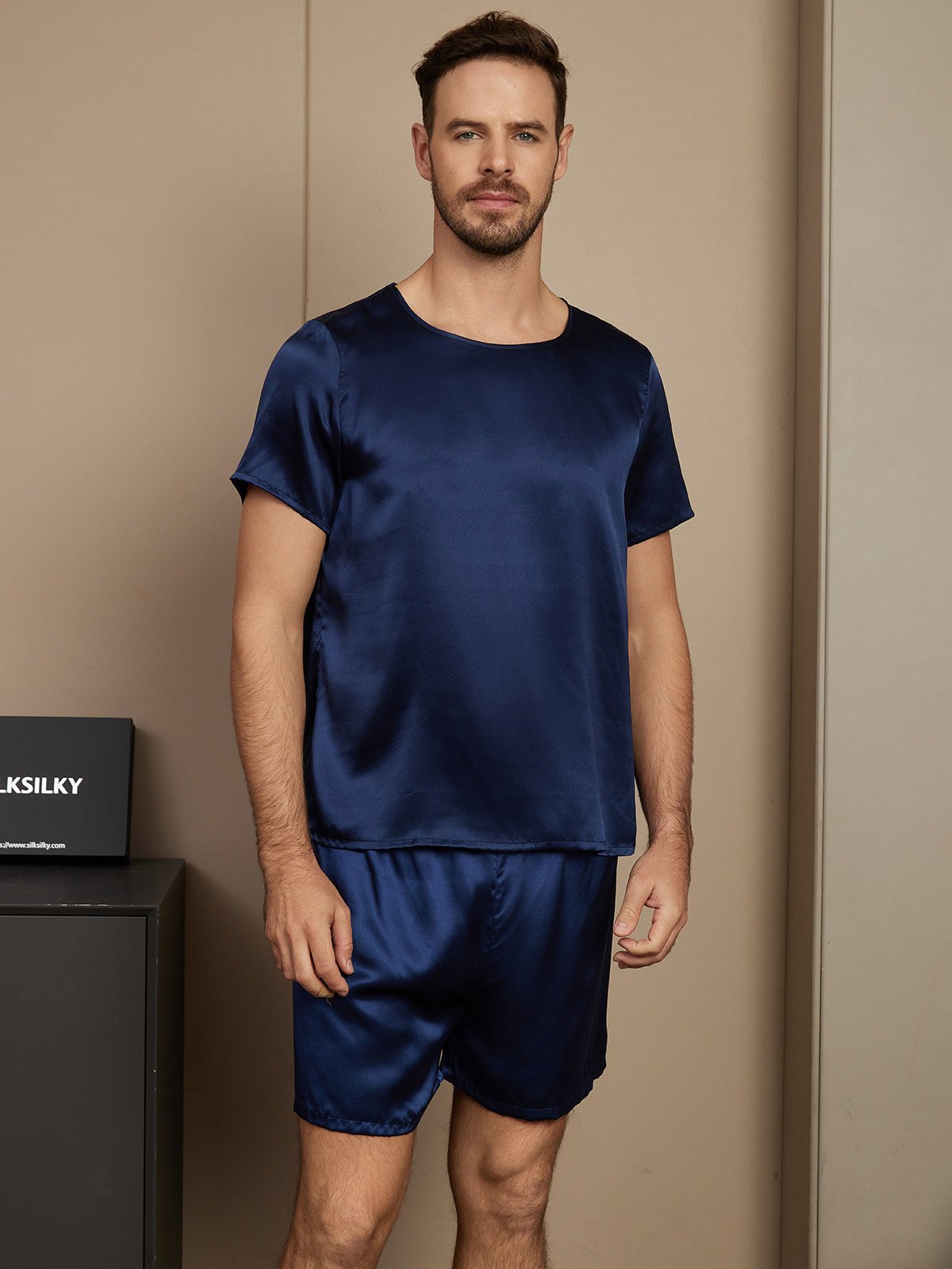 [Dark Blue] SilkSilky-CA Pure Silk Short Sleeve Round Neck Men's Pajamas 003