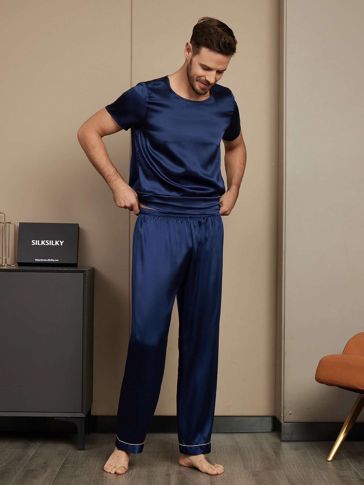 [Dark Blue] SilkSilky-CA Pure Silk Short Sleeve Round Neck Men's Pajamas 004