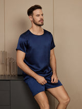 [Dark Blue] SilkSilky-CA Pure Silk Short Sleeve Round Neck Men's Pajamas 004