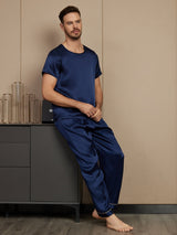[Dark Blue] SilkSilky-CA Pure Silk Short Sleeve Round Neck Men's Pajamas 005