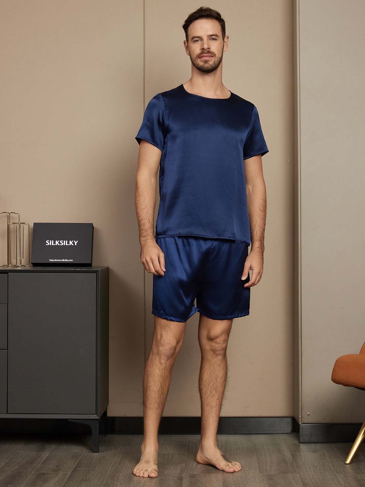 [Dark Blue] SilkSilky-CA Pure Silk Short Sleeve Round Neck Men's Pajamas 005