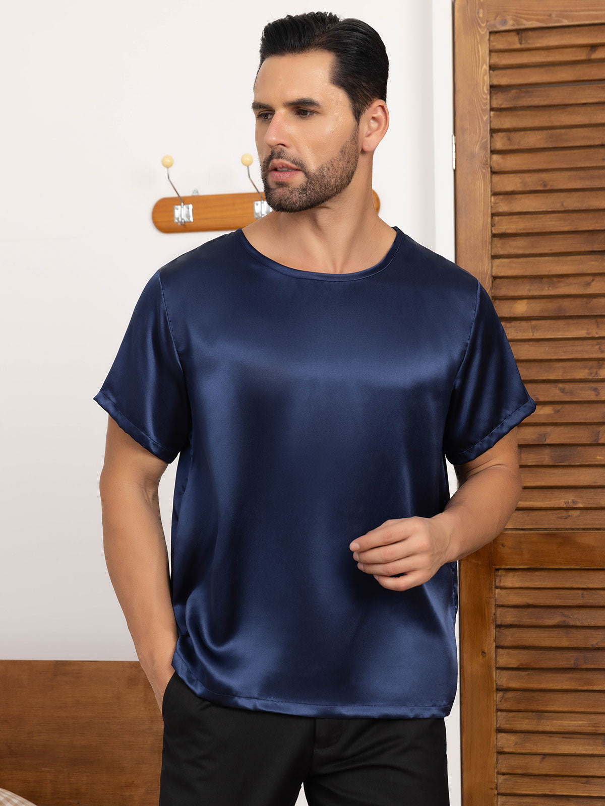 [Dark Blue] SilkSilky-CA Pure Silk Short Sleeve Round Neck Men's T-Shirt 005