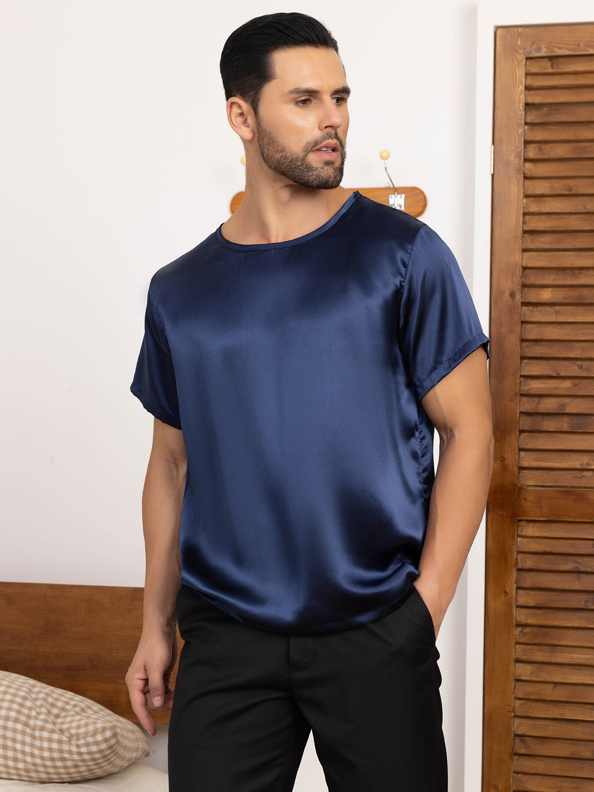 [Dark Blue] SilkSilky-CA Pure Silk Short Sleeve Round Neck Men's T-Shirt 006