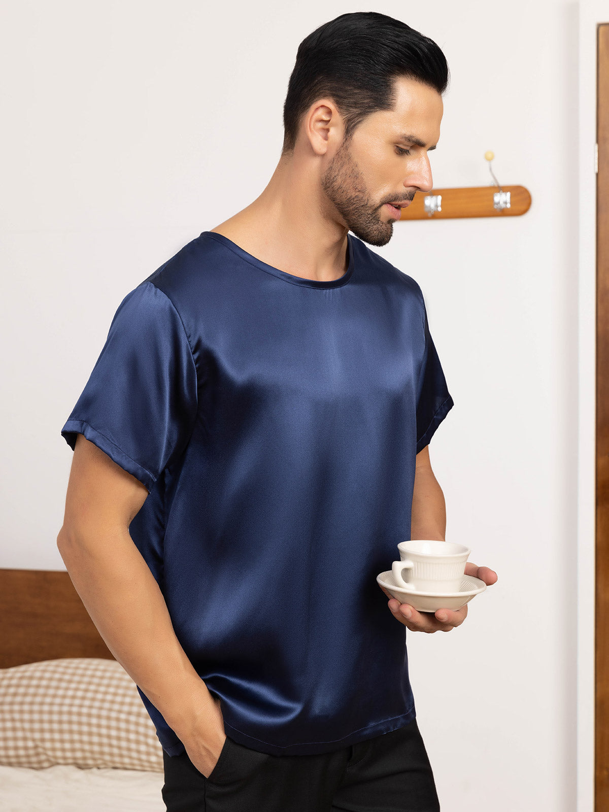 [Dark Blue] SilkSilky-CA Pure Silk Short Sleeve Round Neck Men's T-Shirt 007