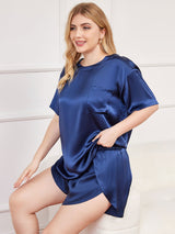 [Dark Blue] SilkSilky-CA Pure Silk Short Sleeve Round Neck Plus Size Pajamas 004