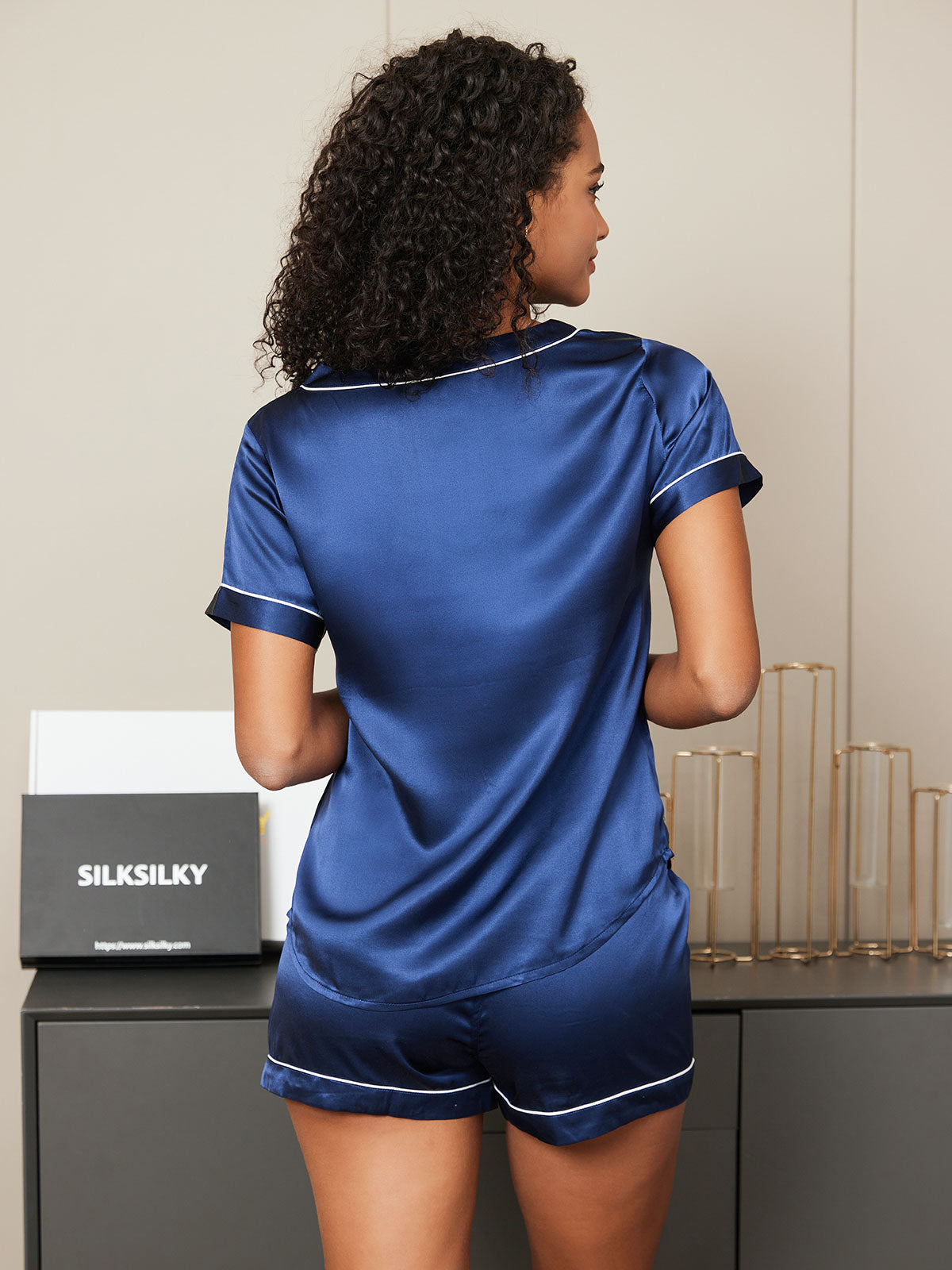 [Dark Blue] SilkSilky-CA Pure Silk Short Sleeve V Neck Women's Pajamas 002