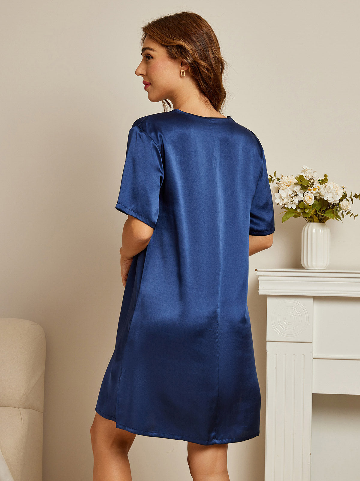 [Dark Blue] SilkSilky-CA Pure Silk V Neck Nightgown 002