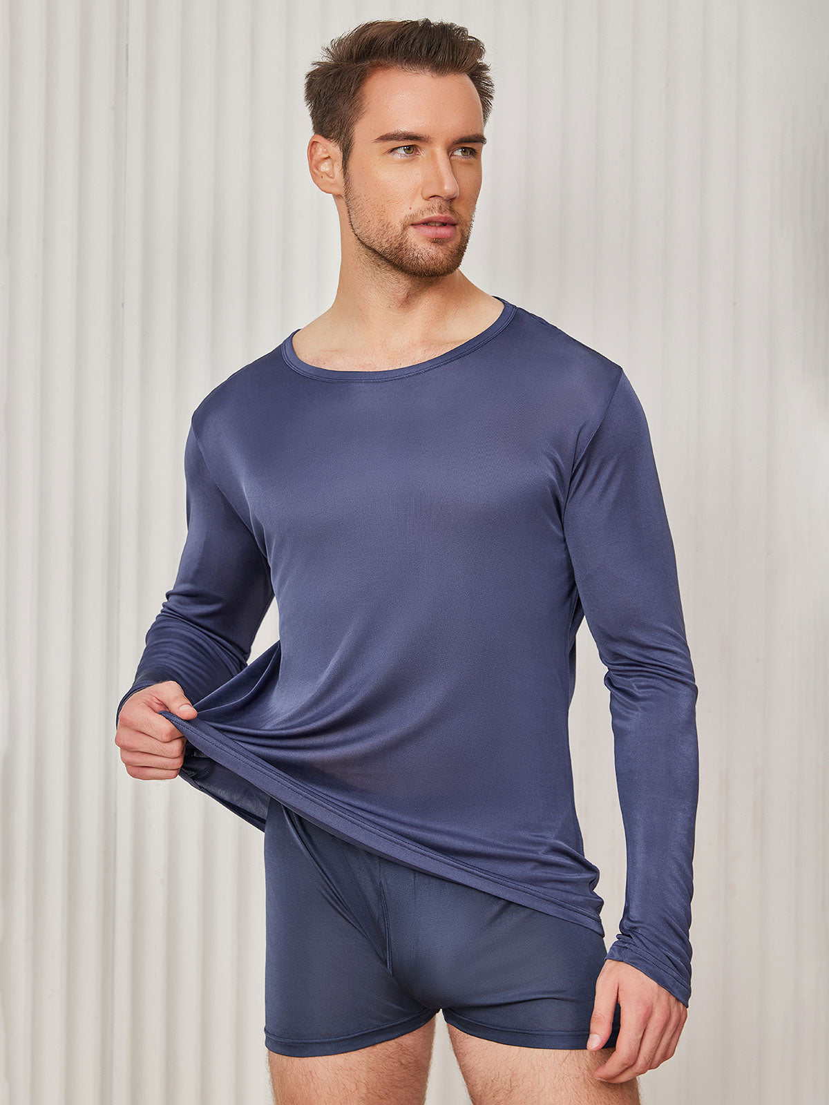 [Dark Blue] SilkSilky-CA Silk Knitted Long Sleeve Round Neck Men's T-Shirt 001