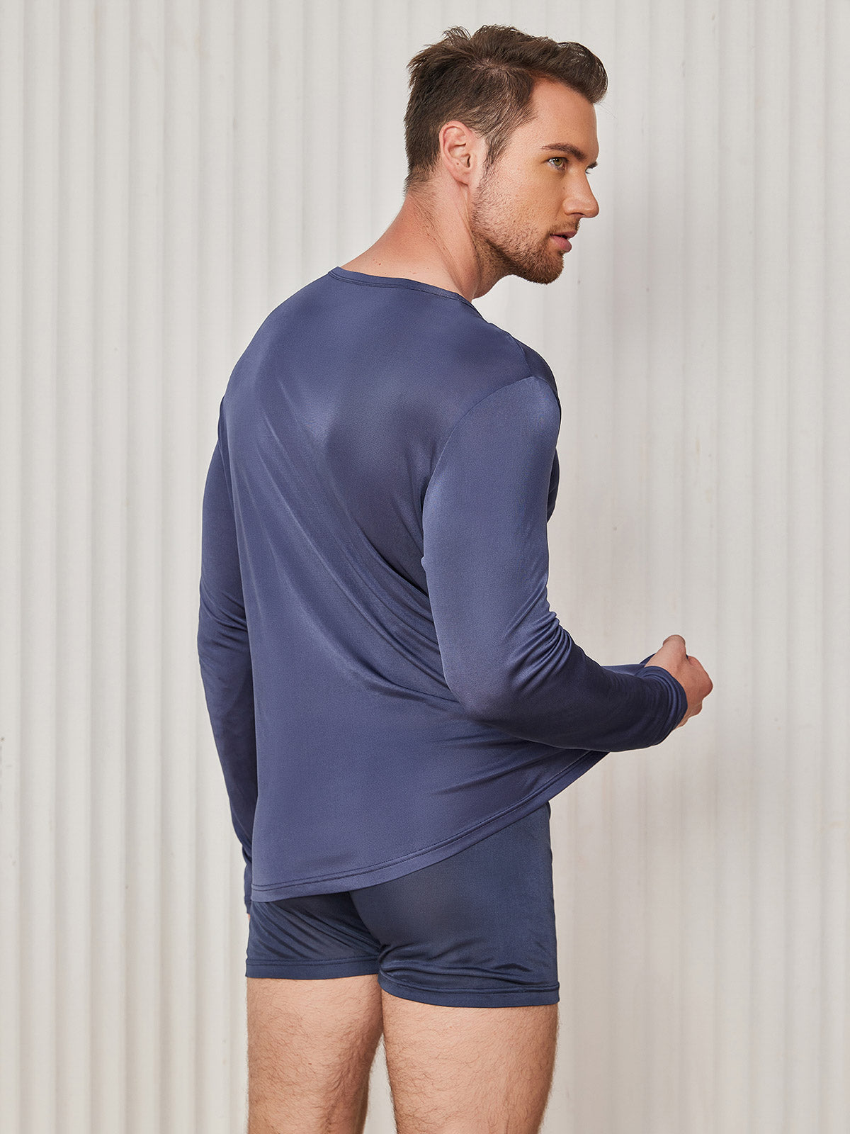 [Dark Blue] SilkSilky-CA Silk Knitted Long Sleeve Round Neck Men's T-Shirt 002