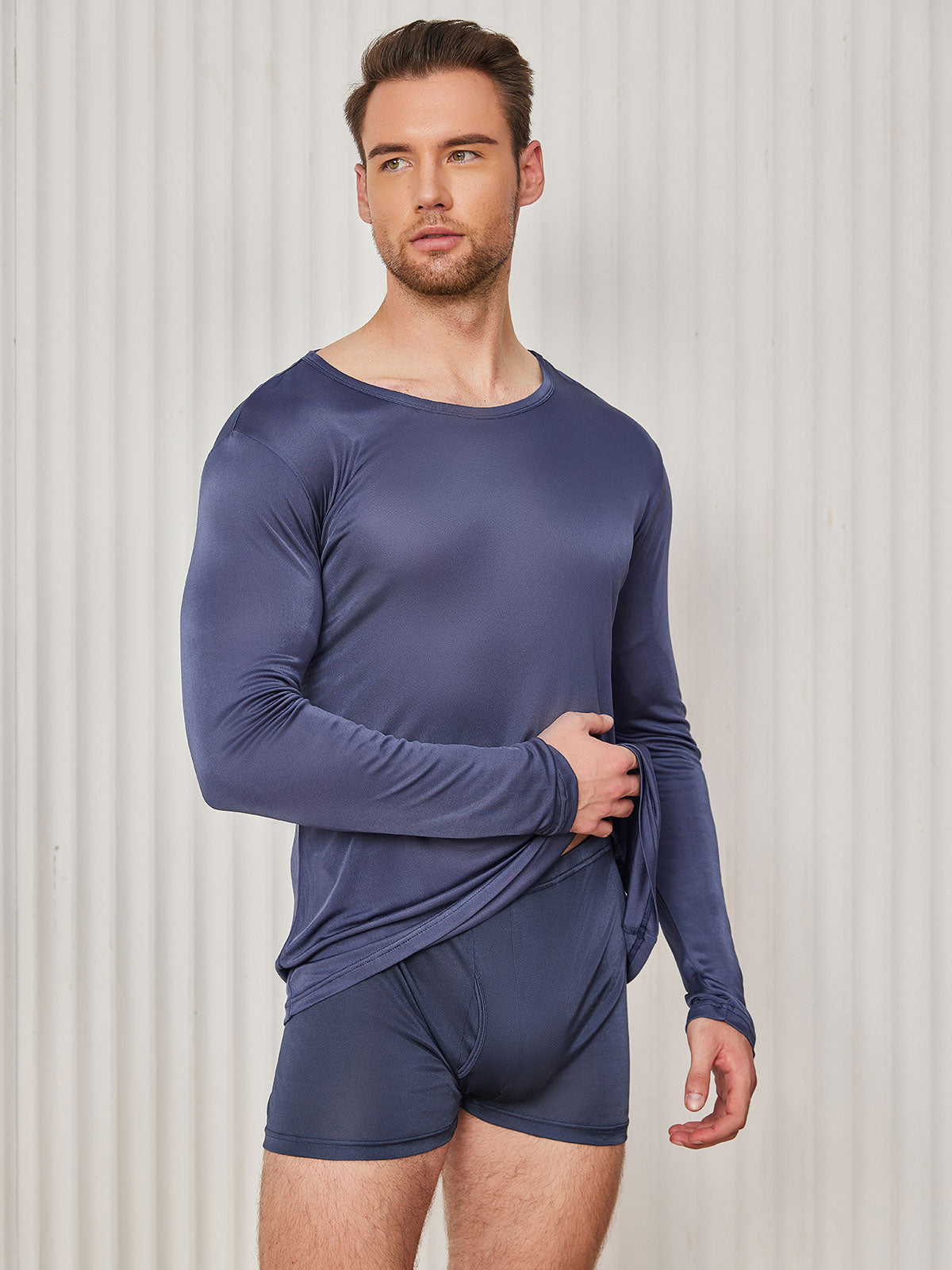 [Dark Blue] SilkSilky-CA Silk Knitted Long Sleeve Round Neck Men's T-Shirt 003