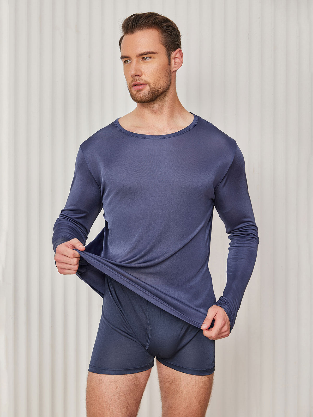 [Dark Blue] SilkSilky-CA Silk Knitted Long Sleeve Round Neck Men's T-Shirt 004