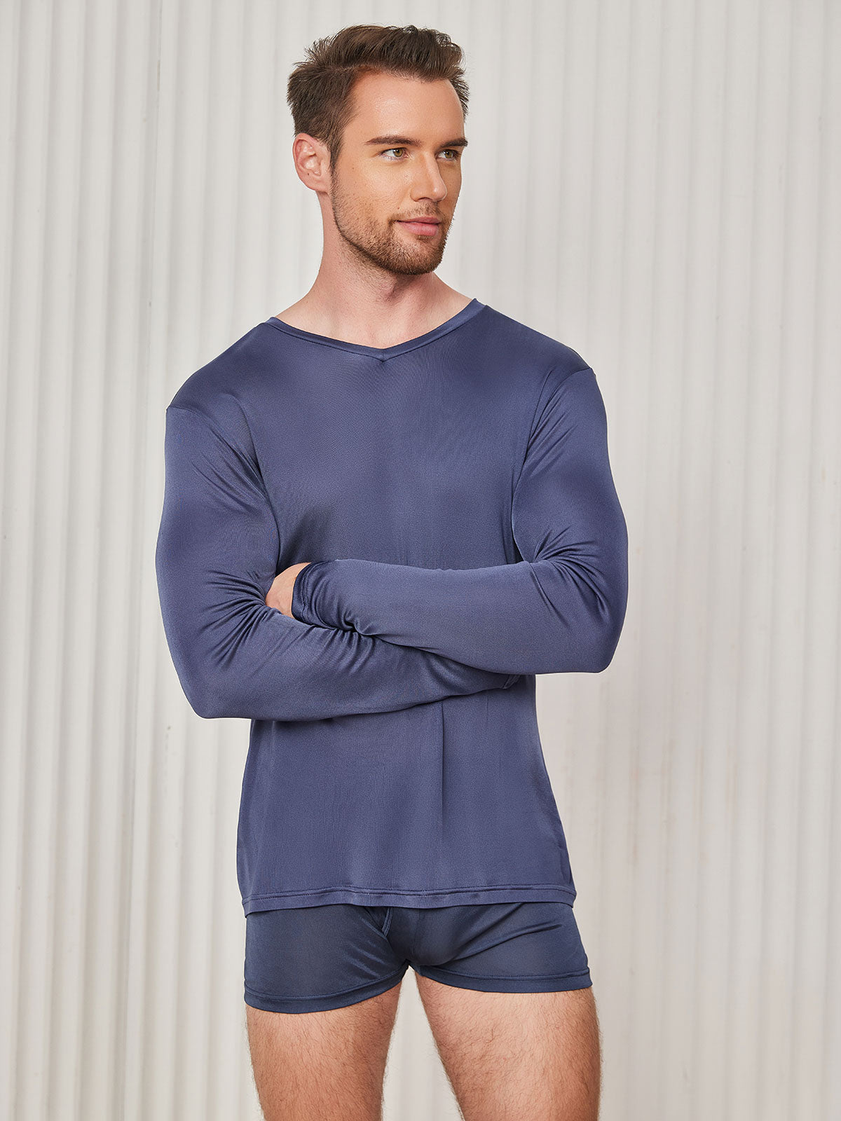 [Dark Blue] SilkSilky-CA Silk Knitted Long Sleeve V Neck Men's T-Shirt 001