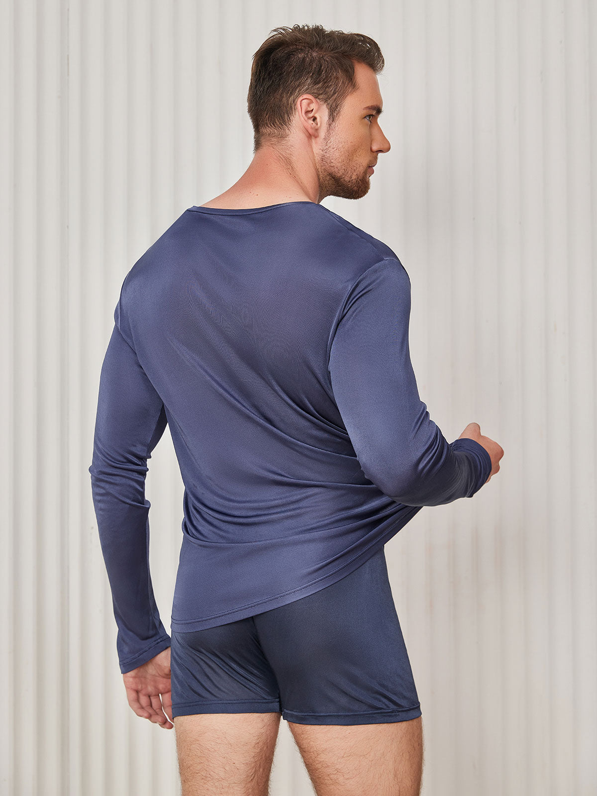 [Dark Blue] SilkSilky-CA Silk Knitted Long Sleeve V Neck Men's T-Shirt 002