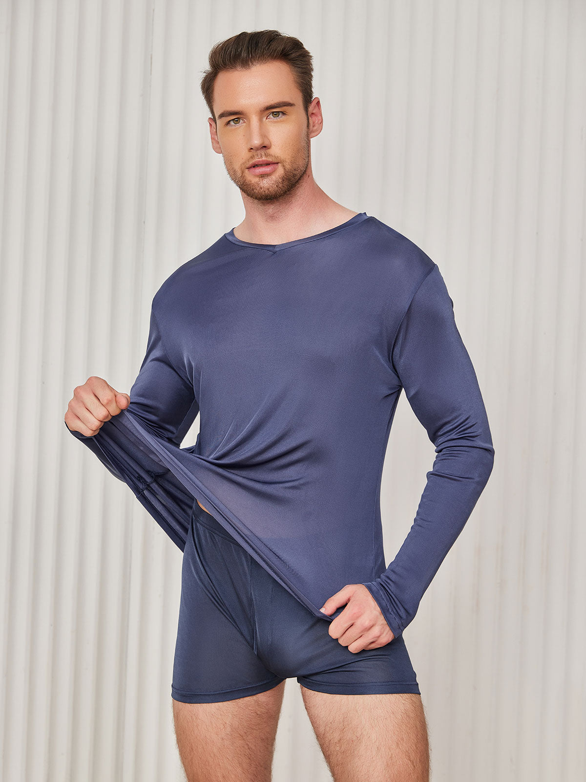 [Dark Blue] SilkSilky-CA Silk Knitted Long Sleeve V Neck Men's T-Shirt 003