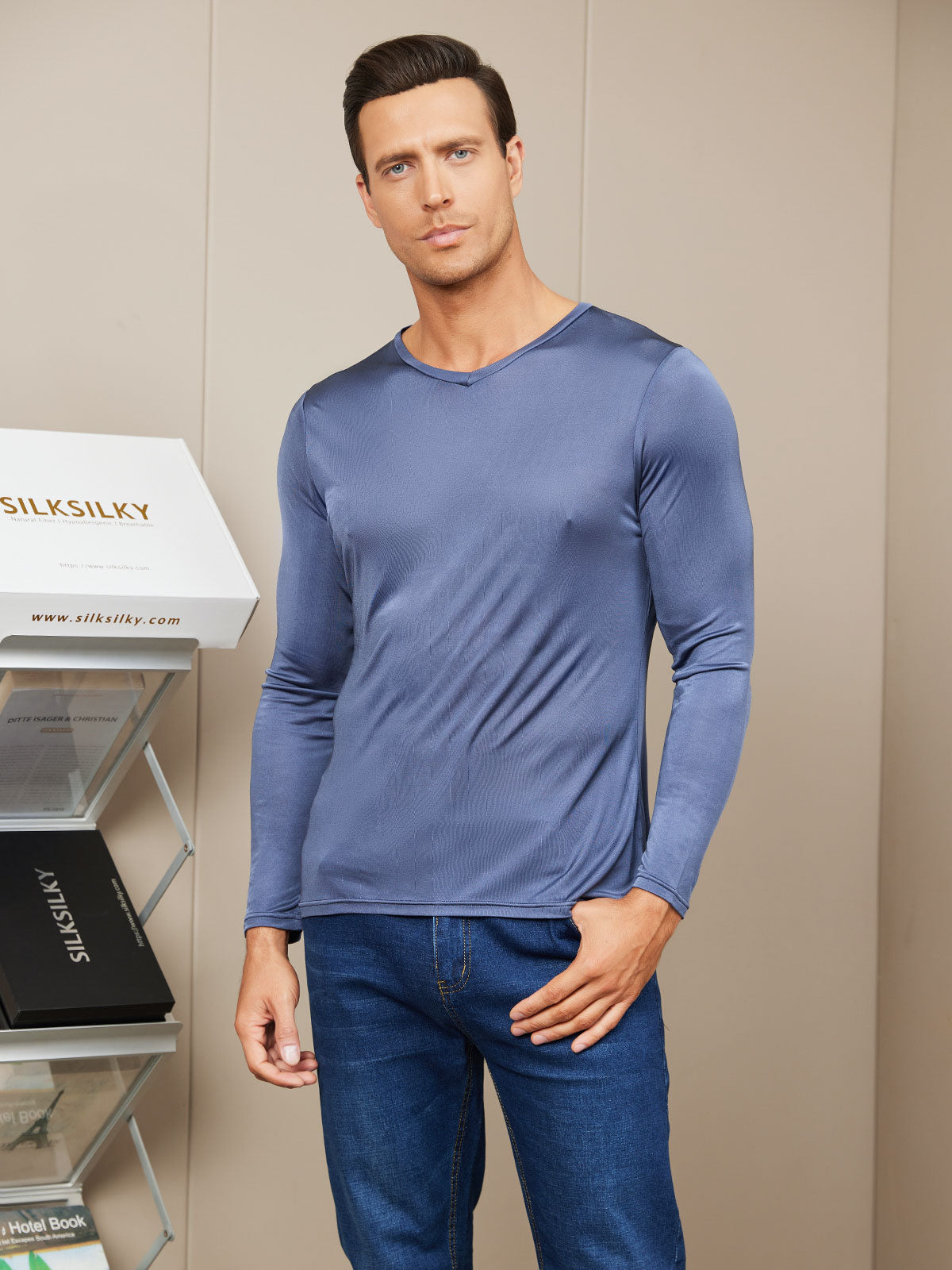 [Dark Blue] SilkSilky-CA Silk Knitted Long Sleeve V Neck Men's T-Shirt 003